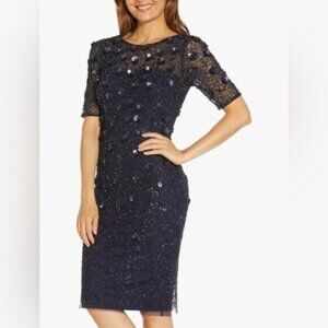NWT Anthropologie BHLDN Adrianna Papell Petaluma Floral Sequin Dress Navy Blue
